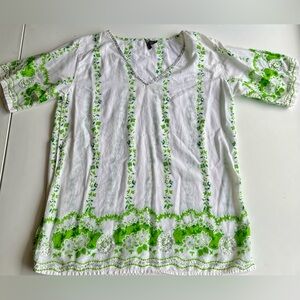 KAKU White w/Green V-Neck Short Sleeve Women Tunic Blouse - Free Size